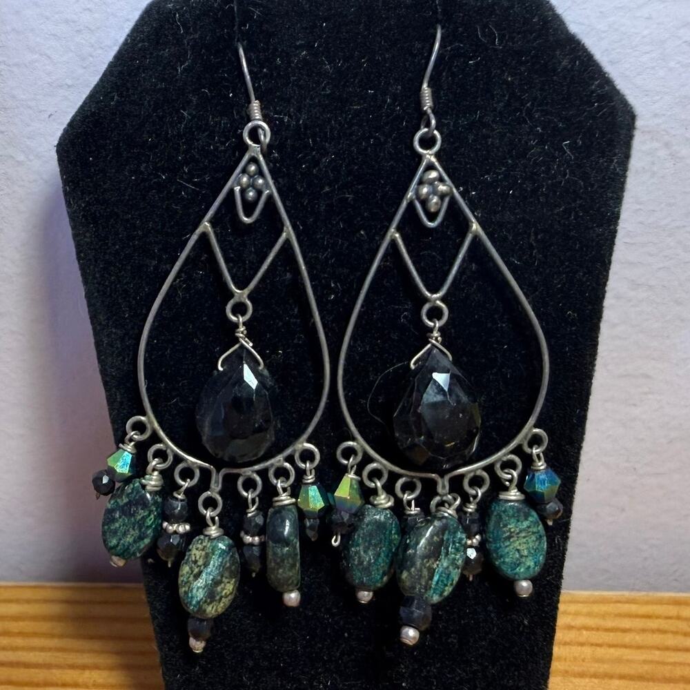 Artisan 950 Silver Green Stone Black Onyx Chandelier Earrings 2.75"